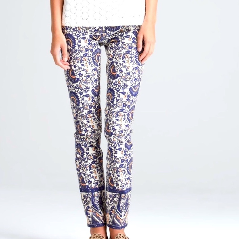TORY BURCH Cropped Skinny Jeans Size 28 Blue Printed Ankle Denim Zipper Beach
